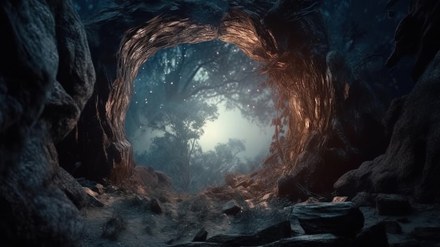 A dark cave with a light shining on it and a tree in the background