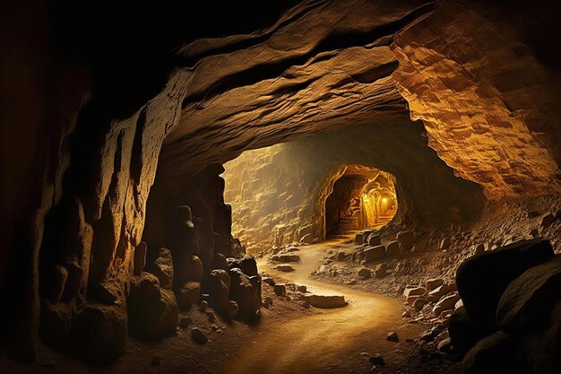 A dark cave with a light on the wall and a sign that says'the road to the cave '