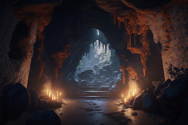 A dark cave with a lit candle in the middle