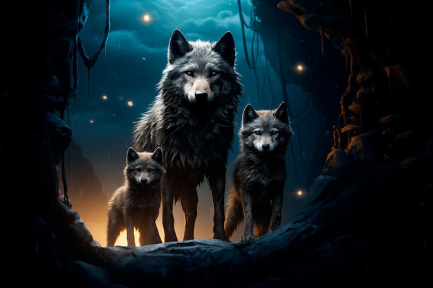 Dark cave with little wolves cubs in the cave dark night AI generated