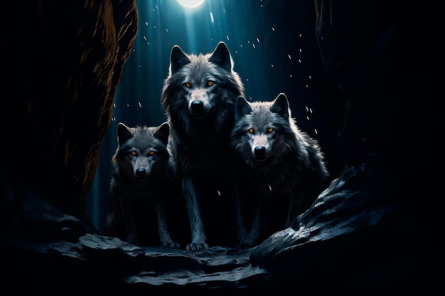 Dark cave with little wolves cubs in the cave dark night AI generated