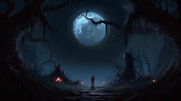 月の前に立っている男の暗い洞窟