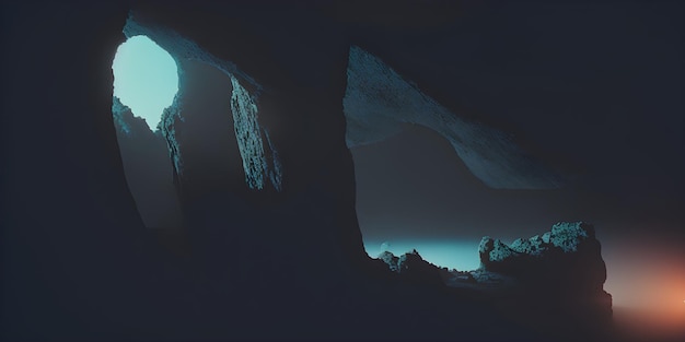 A dark cave with a moon in the sky