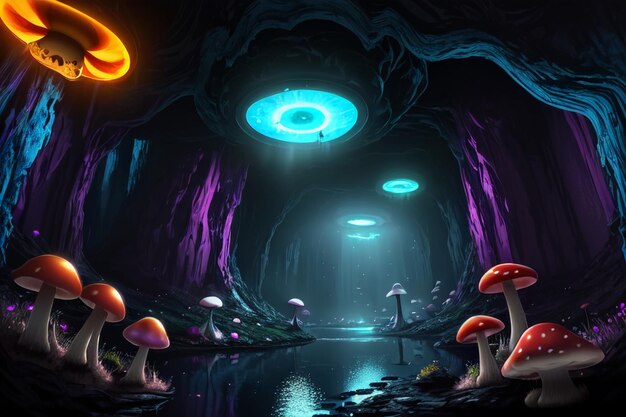 A dark cave with a mushroom and a blue light