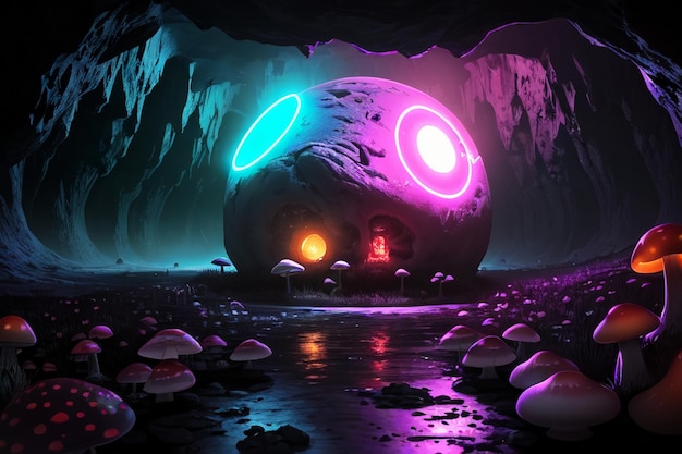 A dark cave with a mushroom house in the middle and a mushroom house in the middle.