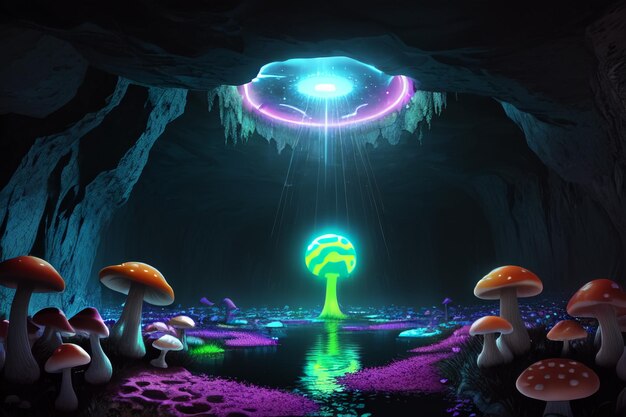 A dark cave with a mushroom and a mushroom in the middle