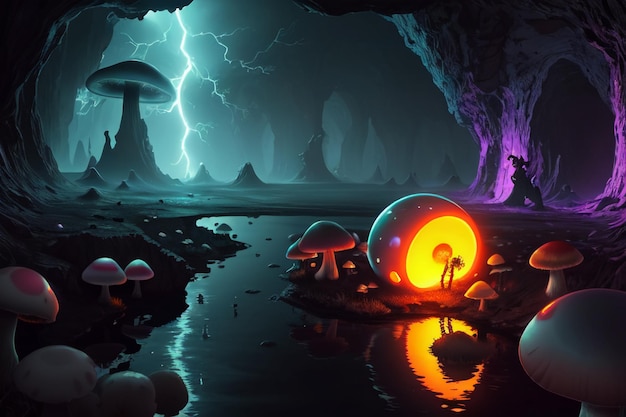 A dark cave with a mushroom and a mushroom in the middle.