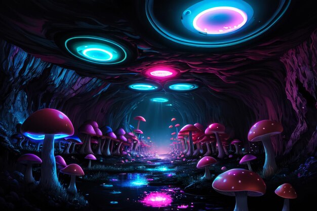 A dark cave with a mushroom and mushrooms on the bottom.