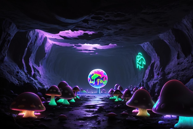 Темная пещера с грибом и табличкой с надписью «ubuntu».