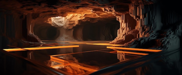 A dark cave with orange light streaks on the floor and the bottom of the cave.
