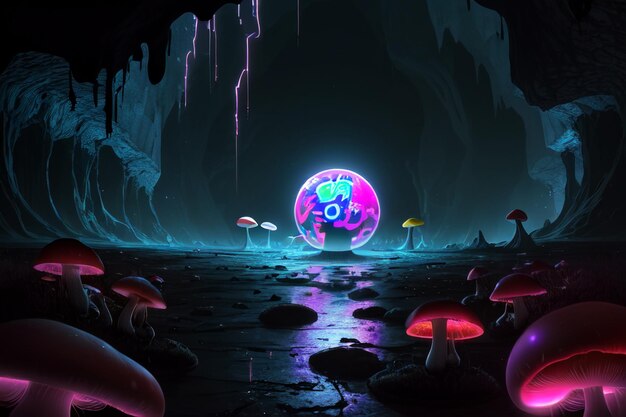 A dark cave with a pink and blue neon sign that says'oo '