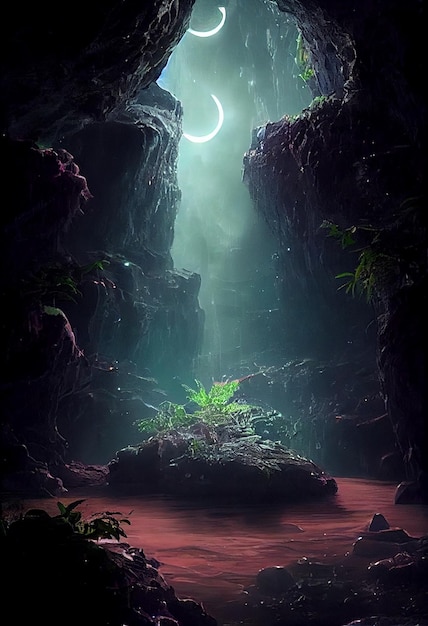 Dark cave with a plant growing out of it Generative Ai