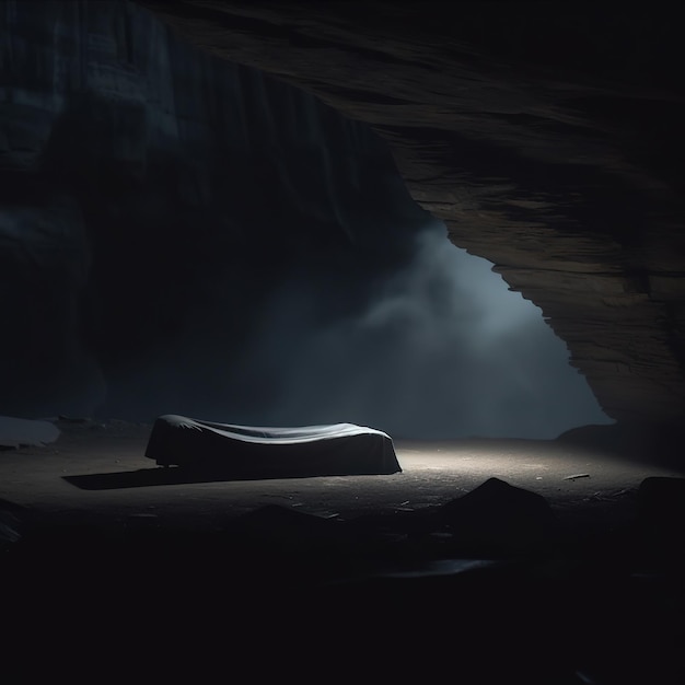 A dark cave with a rock and a black cover on it.