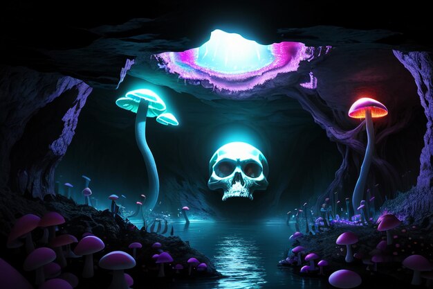 A dark cave with a skull and a skull on it.