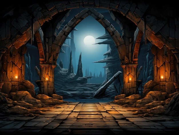 A dark cave with a stone floor and a full moon in the background Digital image