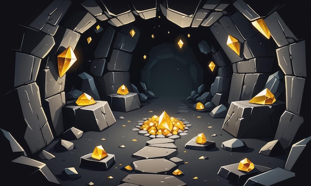 Dark cave with stone walls and golden shining crystals cartoon vector gold or diamond mine