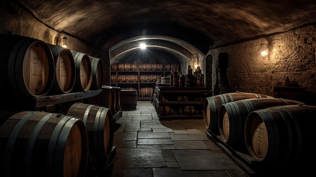 Foto una cantina buia con botti di vino dentro