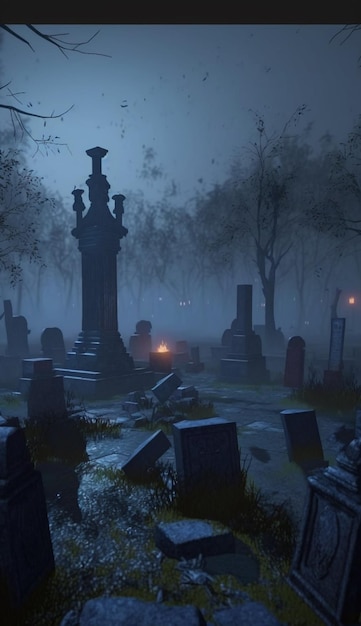 A dark cemetery with a lit up orange lantern.