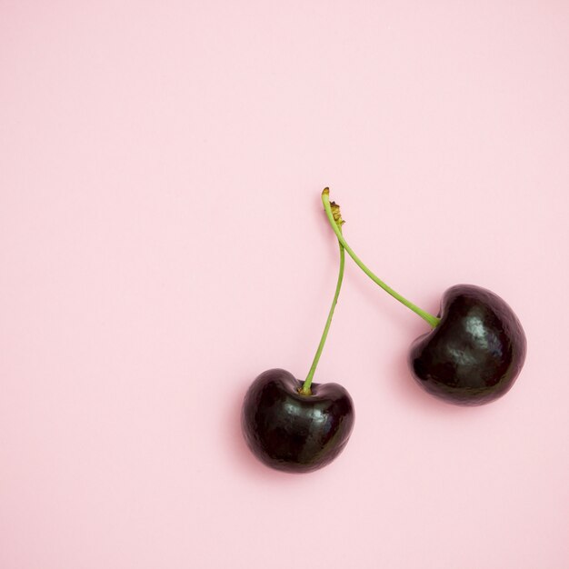 Dark cherry on pastel background with copy space, minimal style.