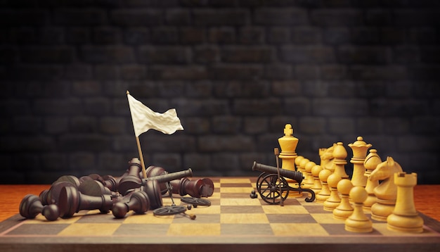 Dark chess raises a white flag in surrender to bright chess on a chessboard and smoke floating in the air and dark brick background. The concept of business loss and bankruptcy. 3D illustration.