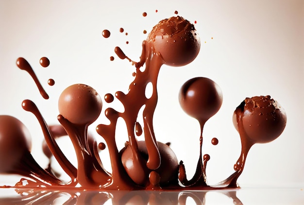 Photo dark chocolate ball falling on the chocolate dip and splashing on white background food and dessert concept generative ai