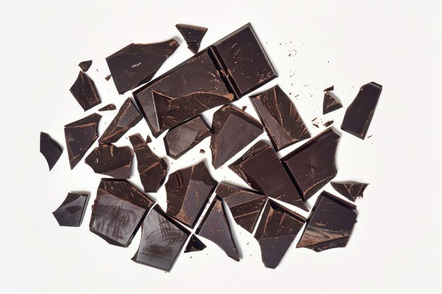 Photo a dark chocolate bar broken into pieces isolated on white