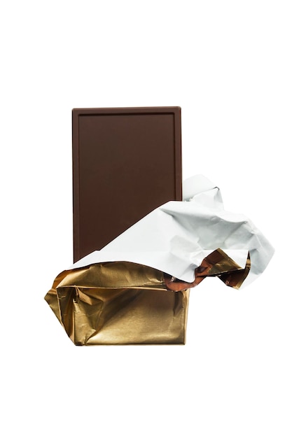 Dark chocolate bar in golden envelope on white background