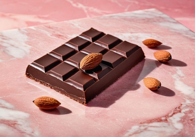 Dark chocolate bar with almonds on a pink marbled background