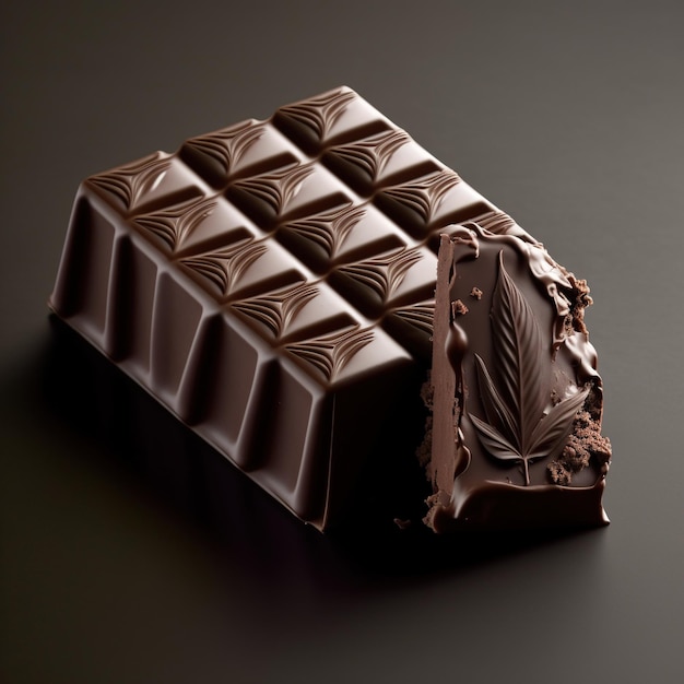 A dark chocolate bar with a bite out of it.