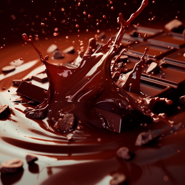 Фото Темный шоколадный батончик с брызгами и брызгами расплавленного шоколада
