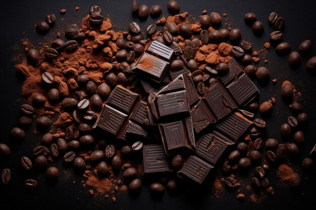 Темный шоколад и какао-порошок на деревянном столе