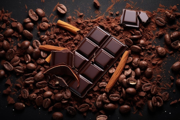 Dark chocolate bars and cocoa powder on rustic wooden table