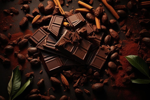 Dark chocolate bars and cocoa powder on rustic wooden table