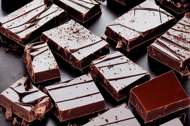 Dark chocolate bars in white glaze with chocolate splashes on
white background