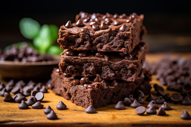 Dark chocolate brownies with chocolate chips on top