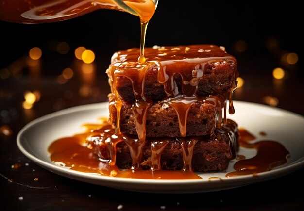Photo dark chocolate cake with caramel syrup drizzle full plate view