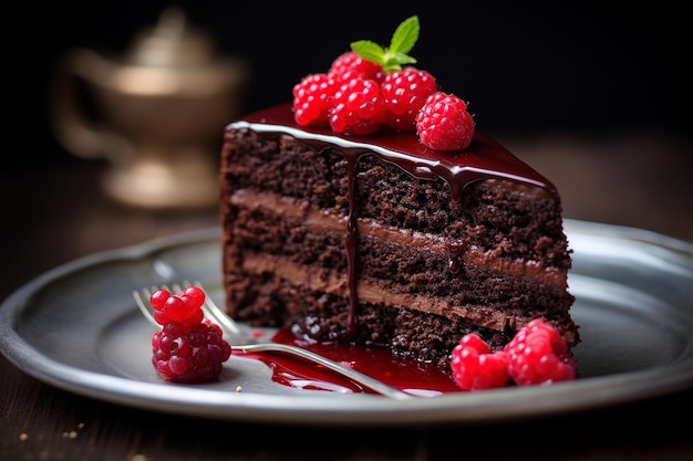 Photo dark chocolate cake with chocolate ribbon and raspberry coulis