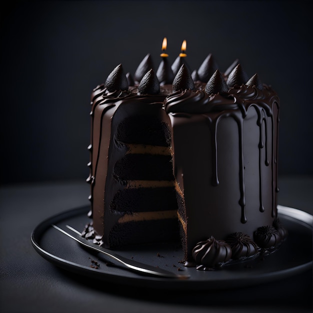 Foto torta al cioccolato fondente con decorazione in cima e gocce di cioccolato