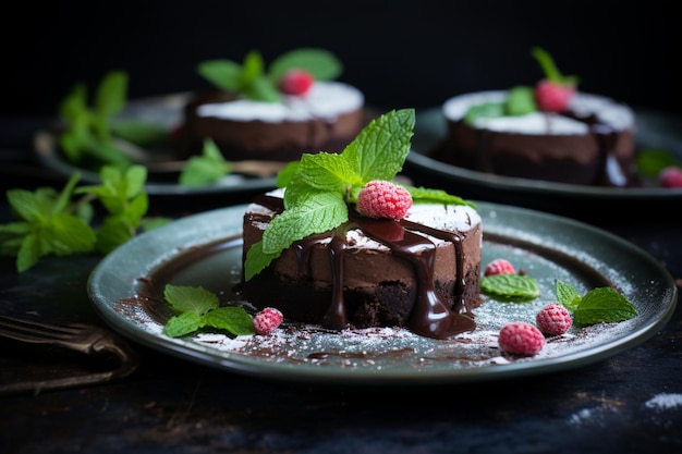 Dark chocolate cakes on black slattern board with mint