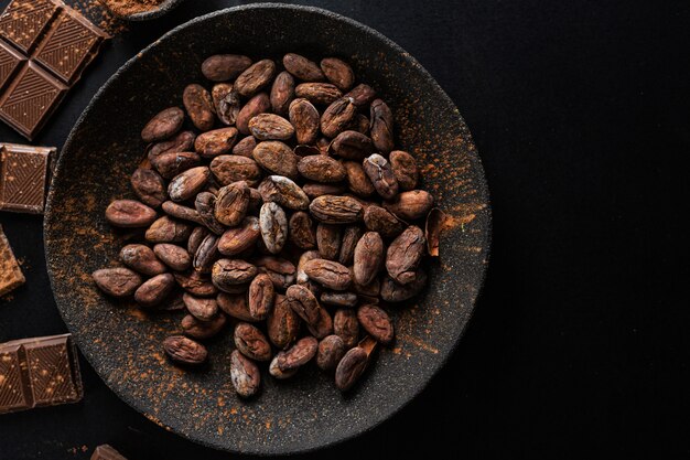 Dark chocolate chunks on table