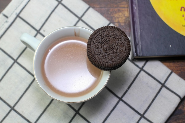 Dark chocolate cookies and a cup of chocolate milk