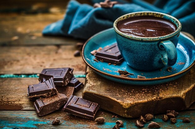 Dark chocolate dessert on rustic wooden table and cups