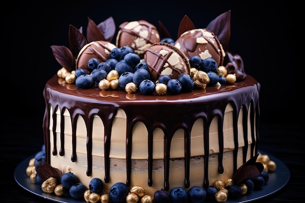 블루와 함께 생일 케이크 위에 다크 초콜릿 드립이 브라운 크림 치즈 프로스팅을 장식합니다.
