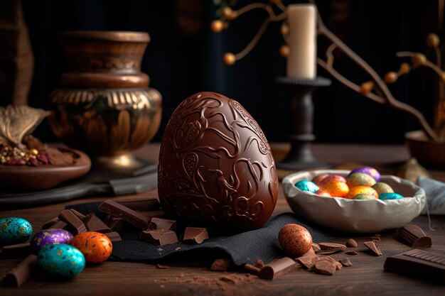 A dark chocolate easter egg sits on a table with a bowl of colorful chocolate eggs