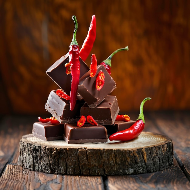 Dark chocolate and milk chocolate with red hot chili peppers on a wooden background