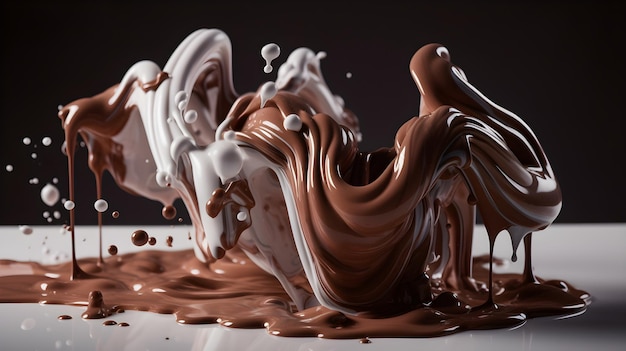 A dark chocolate and milk splashing liquid on a black background