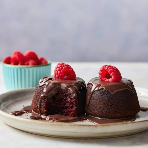 Photo dark chocolate molten lava cakes with raspberry coulis
