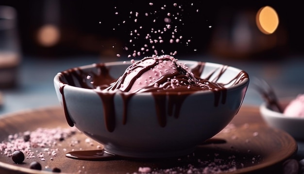 写真 人工知能が生成したダークチョコレートムースと生クリームとチョコレートソースの霧雨