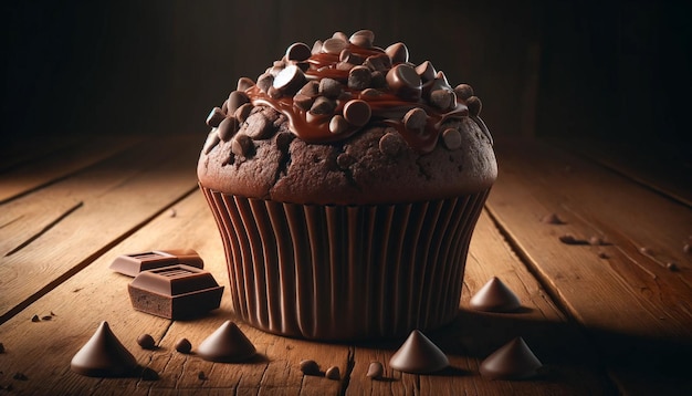 A dark chocolate muffin topped with chocolate chips is placed on a wooden table