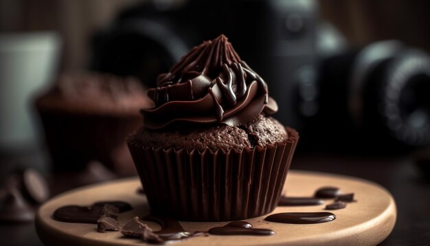 Dark chocolate muffin on wooden table ready to indulge in generated by artificial intelligence